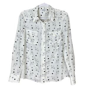Hobbs London White Button Down Top Polka Dot Dog Print Long Sleeve Size 10